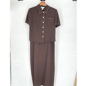 Vtg Miss Dorby Brown Textured Maxi Dress and Jacket Set Size 10 Contrast Stitch